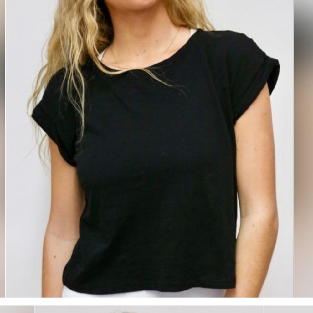 NWT BOBI BLACK BOATNECK CUFFED CROPPED TEE SIZE SMALL
